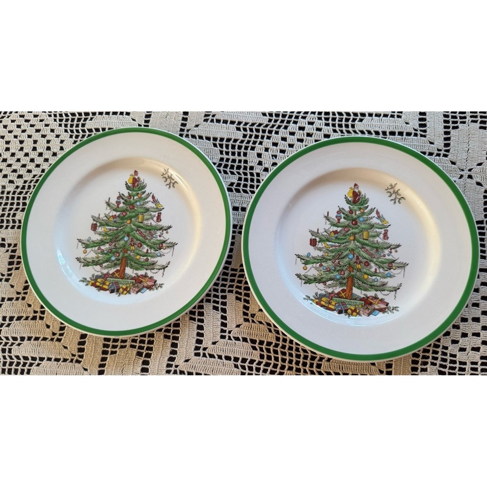 Copeland Spode Christmas Tree Dinner Plates Green Trim England 1920s-50s Set 2